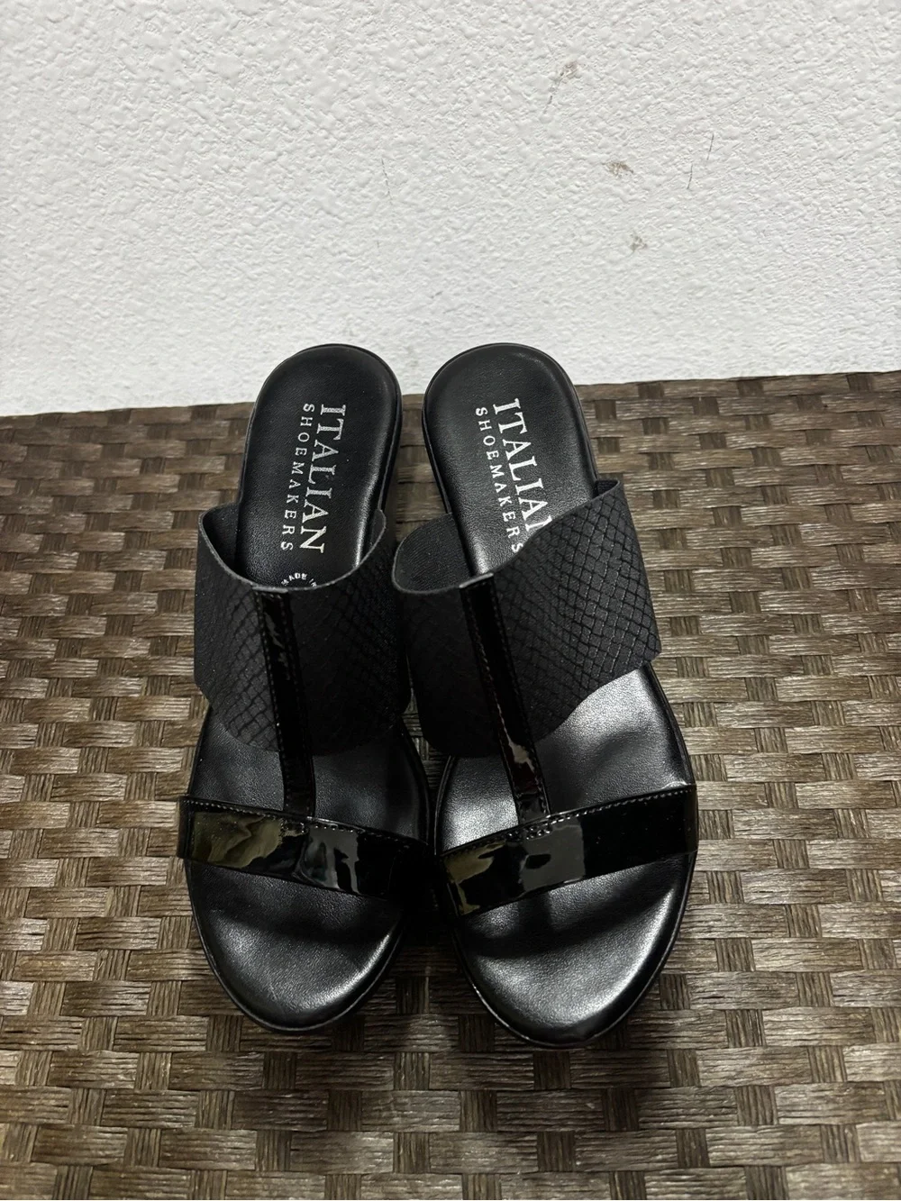 Italian Shoemakers Black Patent and Matte Platform Wedge Slides